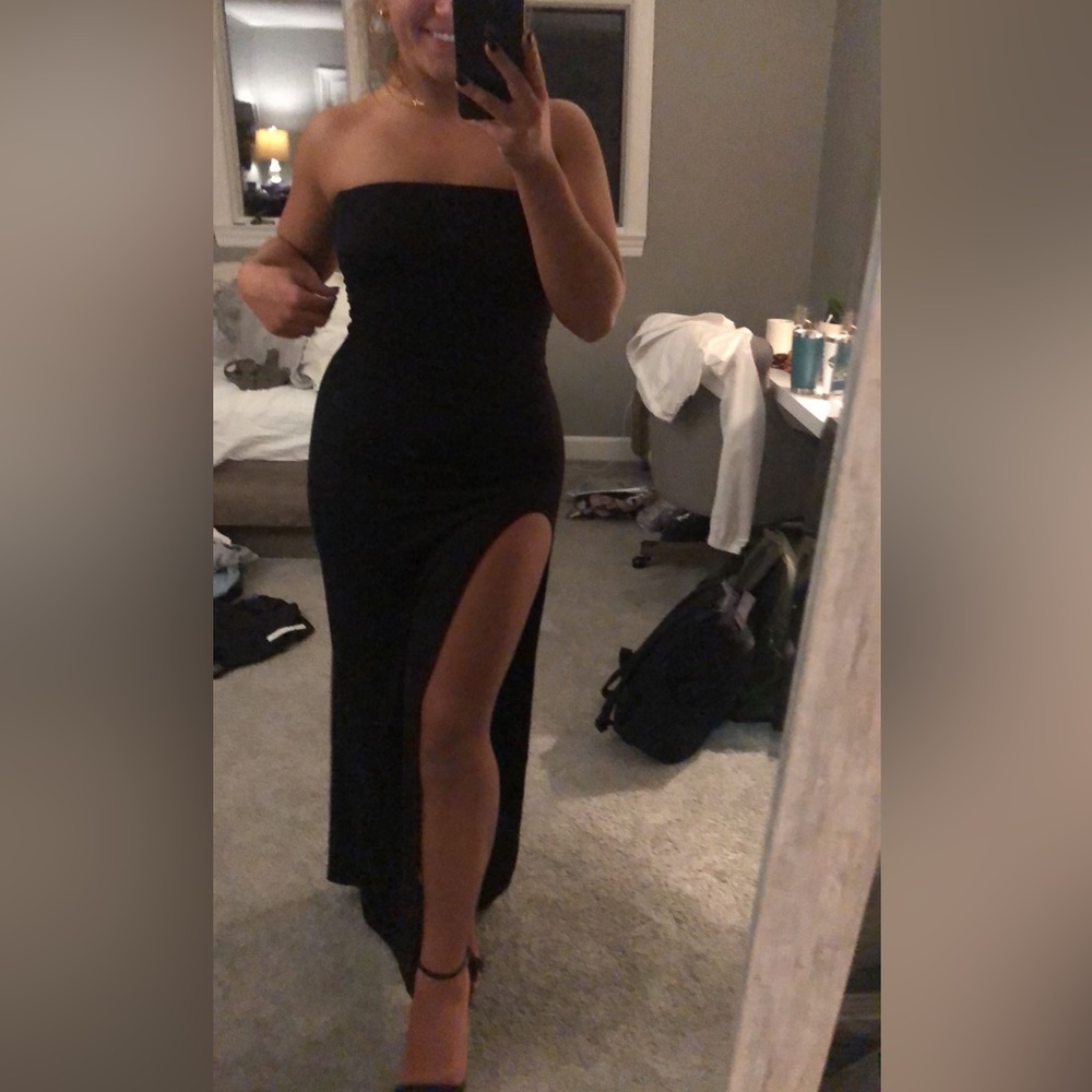 Black Strapless Slit Dress